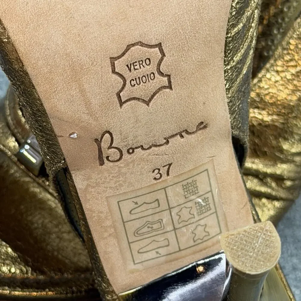 Bourne Leather Slingback Peep Toe Shoes Size 37 Metallic Gold Rhinestone Heels